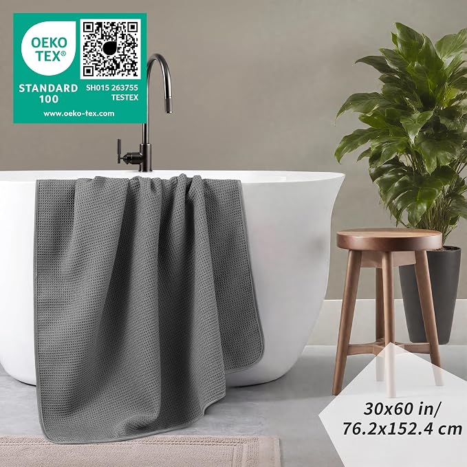 POLYTE 380 GSM Microfiber Oversize Quick Dry Lint Free Waffle Bath Towel for Body, 60 x 30 in, Set of 2