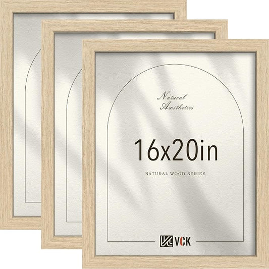 VCK 16x20 Poster Frames 3 Pack - Natural Oak Solid Wood Picture Frame, Exclusive Wood Grain, Wall Hanging