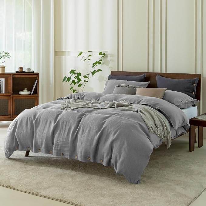 EVERLY 100% Pure Linen Duvet Cover Set King Size 104X90Inch 3pcs (1 Duvet Cover,2 Pillowcases) Soft and Breathable for All Season with Coconut Button Closure, Suitable for Hot Sleepers-Grey