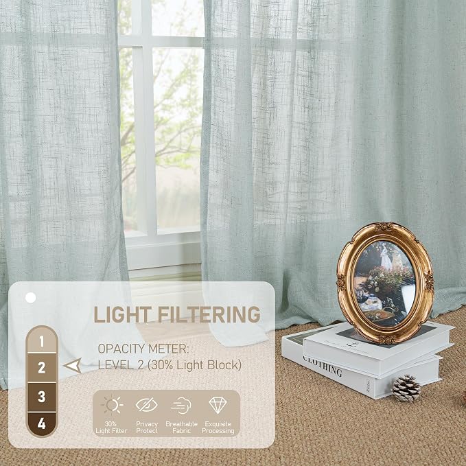 LAMIT Light Filtering Linen Curtains 45 Inch Length 2 Panels, Semi Sheer Window Panels Back Tab and Rod Pocket Neutral Drapes for Bathroom/Kitchen/Loft Room, Greyish Blue, 34 x 45 Inch