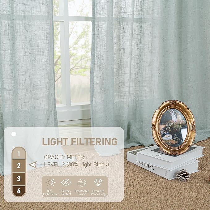 LAMIT Short Window Linen Curtains 36 Inch Length 2 Panels, Greyish Blue Light Filtering Panels Back Tab and Rod Pocket Neutral Drapes for Bathroom/Loft Room, 34 x 36 Inch