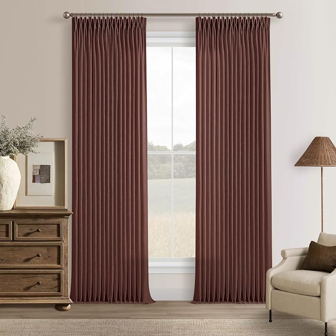 Thick Linen Pinch Pleat Curtains 86 Inches Length 2 Panels Chestnut Brown Rustic Memory Trained Semi Sheer Privacy Back Tab Window Drapes 50 Inch Wide Rust Red Brick Curtain for Living Room Bedroom