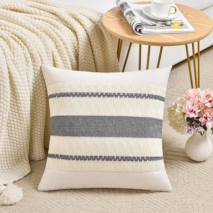 Fancy Homi Set of 2 Neutral Grey Farmhouse Euro Decorative Throw Pillow Covers 26x26 Inch for Couch Bed Chair, Vintage Country Rustic Retro Room Decor, Soft Thick Cotton Handmade Woven Cushion Case