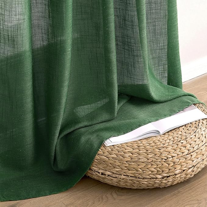 MIULEE Emerald Green Linen Curtains 90 Inch Long for Bedroom Living Room, Soft Thick Linen Textured Window Drapes Semi Sheer Light Filtering Rod Pocket Back Tab Christmas Burlap Look, 2 Panels