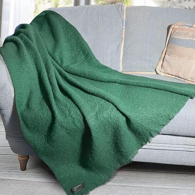 Biddy Murphy Ultra Soft Irish Mohair & Wool Throw Blanket, Made in Ireland, 54"x72", Solid Green
