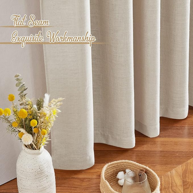 NICETOWN Natural Linen Beige Curtains for Bedroom, Rod Pocket & Back Tab Flax Linen Burlap Semi Sheer with Light Filtering Privacy Window Treatments for Living Room, W52 x L95, 2 Pieces
