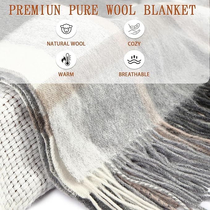 Soft Pure Wool Throw Blanket, Lightweight Warmth, 55"x83", Plaid, Fringe, Compact with Bag, Useful Gift for Women Men, All Season Decorative Cozy Travel Blanket for Couch Bed, Outdoors