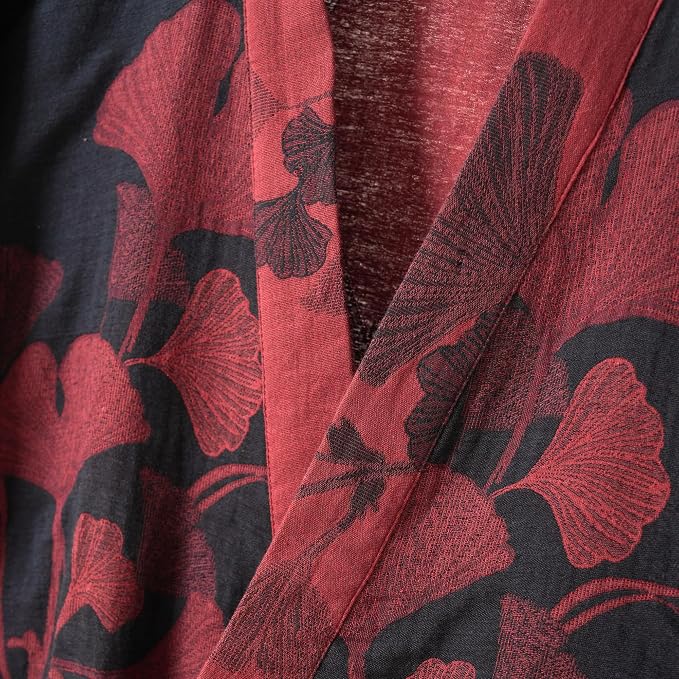 100% Cotton Gauze Ginkgo Leaf Kimono Robe, Long Knit Loose Bathrobe Nightgown Ladies Loungewear Sleepwear for Women