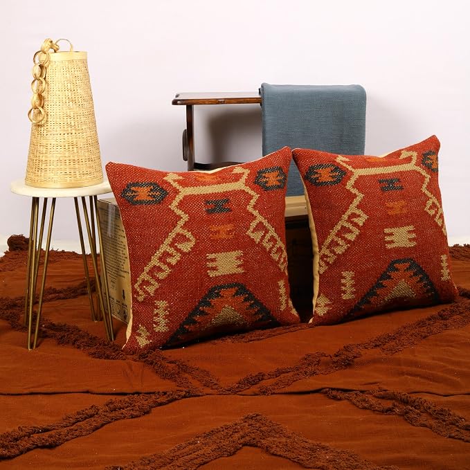 Trade Star Set of 2 Kilim Cushion Covers Handloomed Rug Decorative Cushion Cases Handwoven Pillowcases 18x18 Inches Throw Pillow Cover Designer Jute Wool Cushion Cover (Kilim 17)