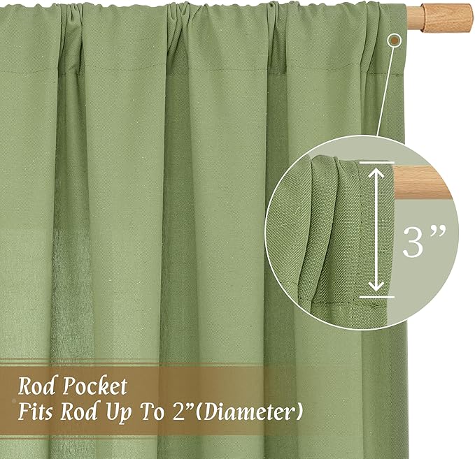 LAMIT Sage Green Linen Curtains 63 inch Length for Bedroom, Faux Linen Light Filtering Window Treatments Neutral Rod Pocket Drapes for Living Room/Farmhouse, 2 Panels Set, 52 x 63 Inch