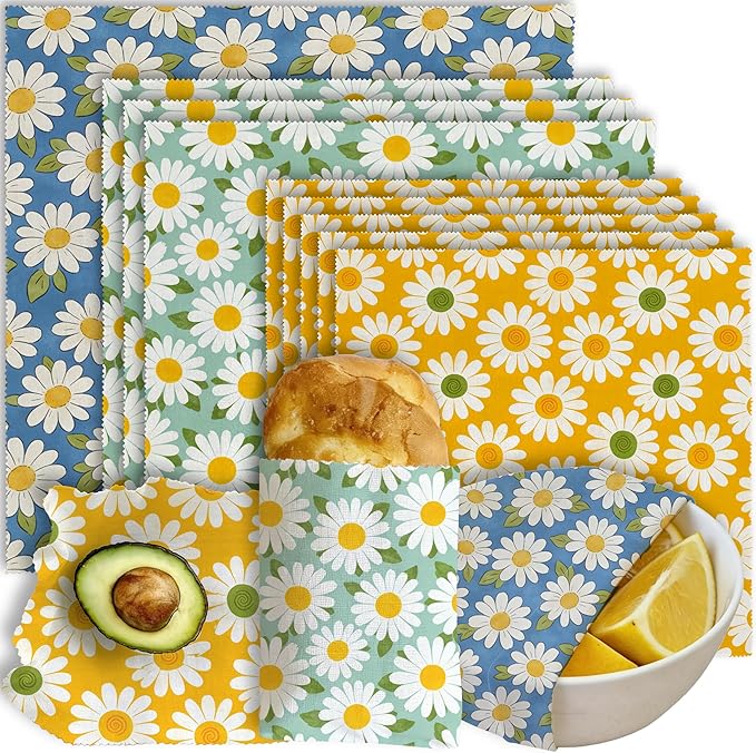 Reusable Beeswax Wraps, 9 Pack Eco-Friendly Food Storage, Organic, Sustainable, Zero Waste, Plastic-Free, Sandwich, Bread, Bowl Cover, 1XL, 3M, 5S, Blue Green Yellow Daisy Pattern