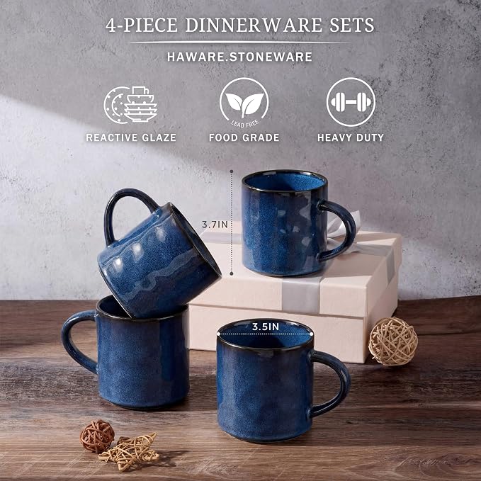 HaWare 14OZ Coffee Mugs Set of 4, Stoneware Coffee Cups with Handle, Latte Mug for Man, Woman, Dad, Mom, Modern Tea Mugs for Latte/Cappuccino/Cocoa/Milk, Dishwasher& Microwave Safe, Starry Blue