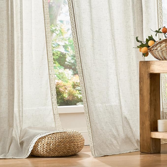 jinchan Linen Curtains for Living Room Bedroom Light Filtering Semi Sheer Curtains Boho Farmhouse French Country Cottage Core Decor Window Drapes Back Tab 63 Inch Length Laced Beige