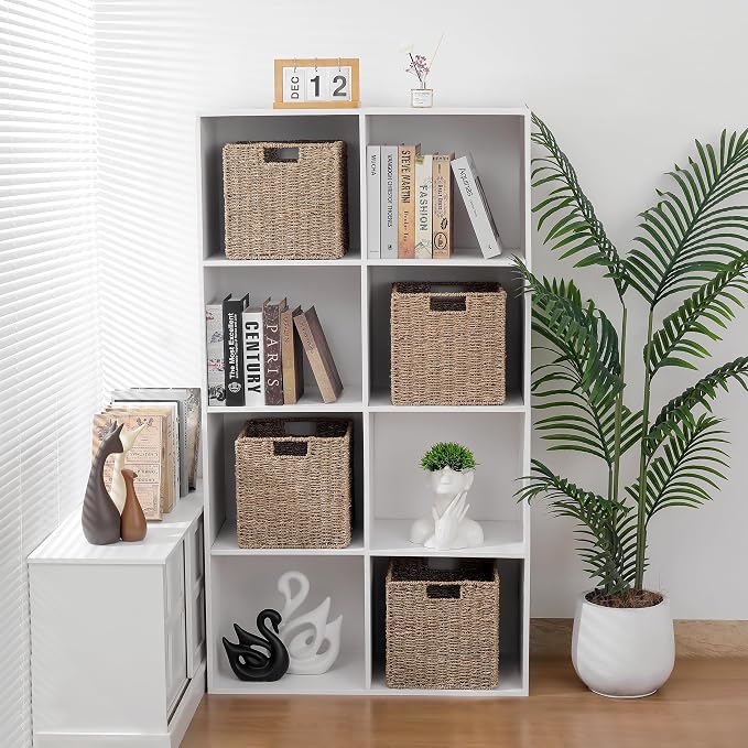 10.5 x 10.5in Seagrass Storage Baskets Set of 4, Cube Foldable Woven Storage Baskets for Shelves, Decorative Seagrass Shelf Basket