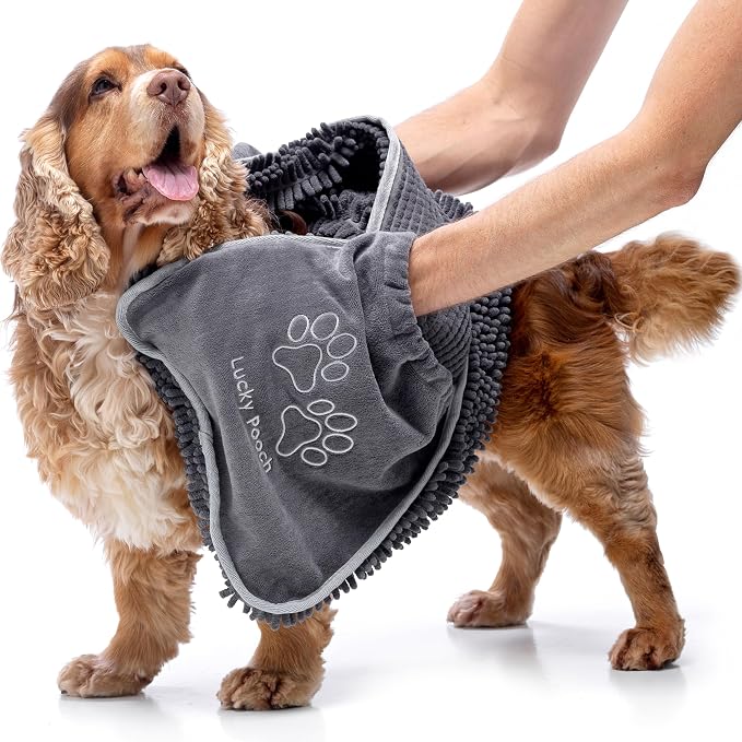 Lucky Pooch® Super Absorbent Shammy Dog Towel - Luxuriously Soft Hand Pockets – 34.5x12.5in – Quick Drying Microfiber Dog Bath Towel – Durable Towels for Drying Dogs (Pack of 1, Gray)