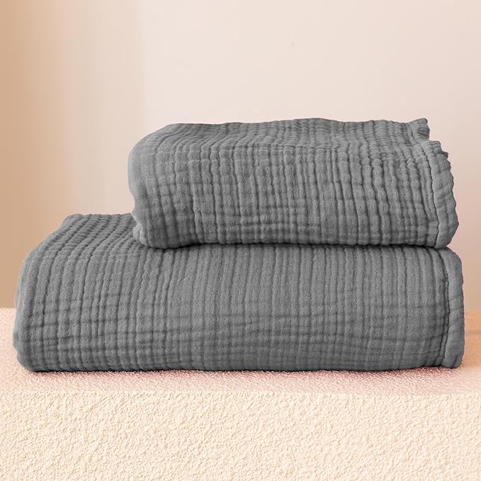 Ultra Soft Muslin Towel Adult Set, 100% Turkish Cotton 4-Layer 2 Pieces Luxury Muslin Hand & Bath Towels Sets for Bathroom (Dark Gray, 1 Bath & 1 Hand Towel Set)