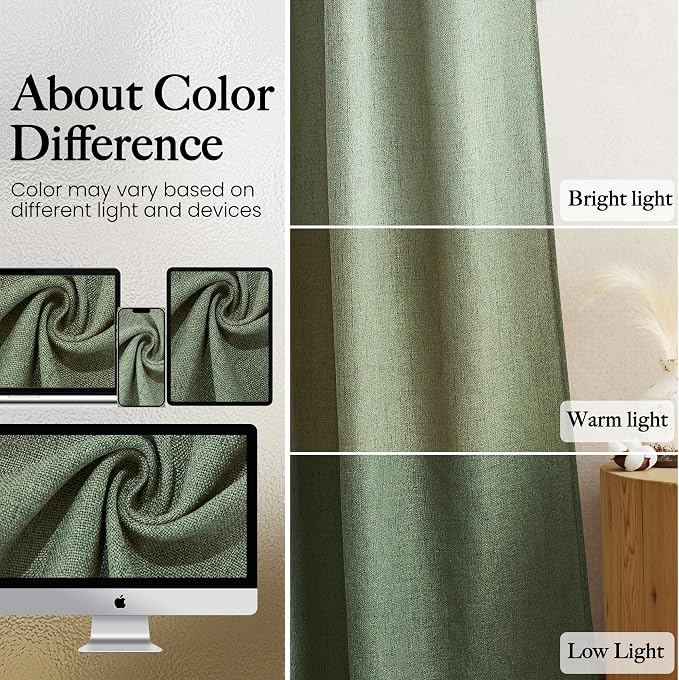 NICETOWN Olive Green Linen Curtains 84 Inches Long 2 Panels for Bedroom Living Room, Privacy Linen Textured Window Drapes Semi Sheer Light Filtering Grommet Christmas Curtains, 52" W x 84" L