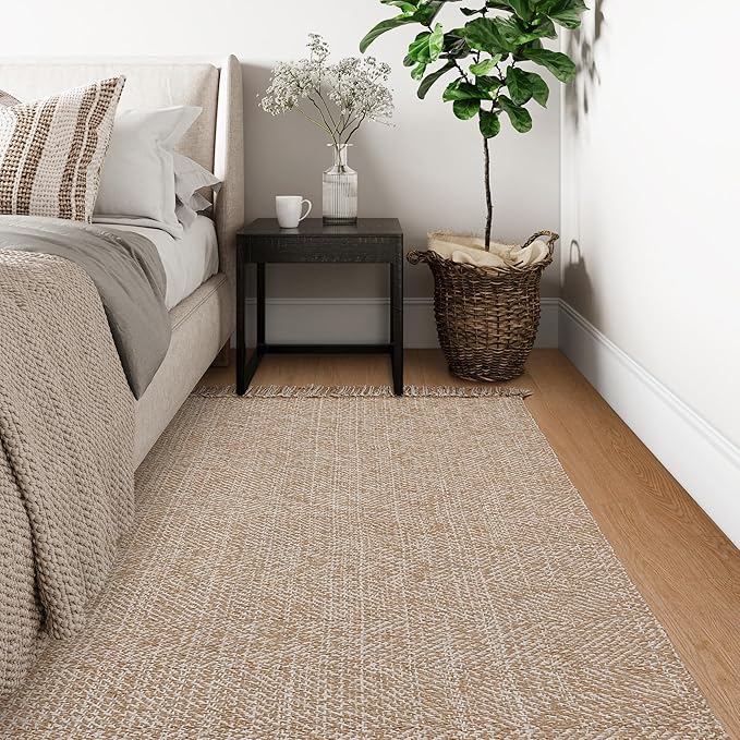Collive Comfy Area Rug 4' x 6', Tan/Cream Woven Cotton Bedroom Rugs, Modern Indoor Accent Rug Floor Carpet with Tassel for Living Room, Nursery Room, Dining Room, Bedside, Office, Patio Decor