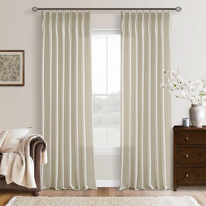 TWODRAPES Linen Curtains 100 Inches Long for Living Room 2 Panels Set Neutral Farmhouse Thick Flax Burlap Rings Hooks Back Tab Viral Pinch Pleated 100 Inch Curtain Drapes for Dining Bedroom Tan Beige