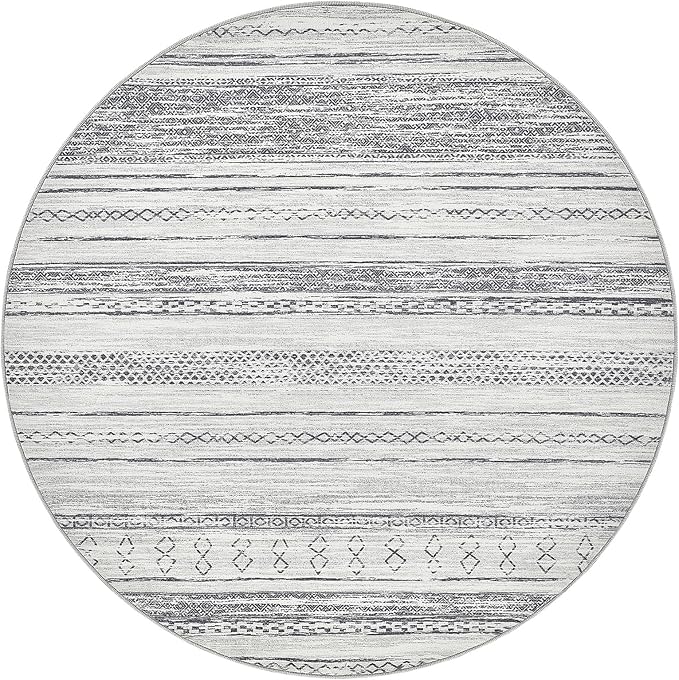 Tortania 8' Round Area Rug Living Room Rugs - Washable Large Soft Neutral Boho Moroccan Bohemian Farmhouse Rug Indoor Floor Carpet for Bedroom Under Dining Table Home Office Decor - Grey