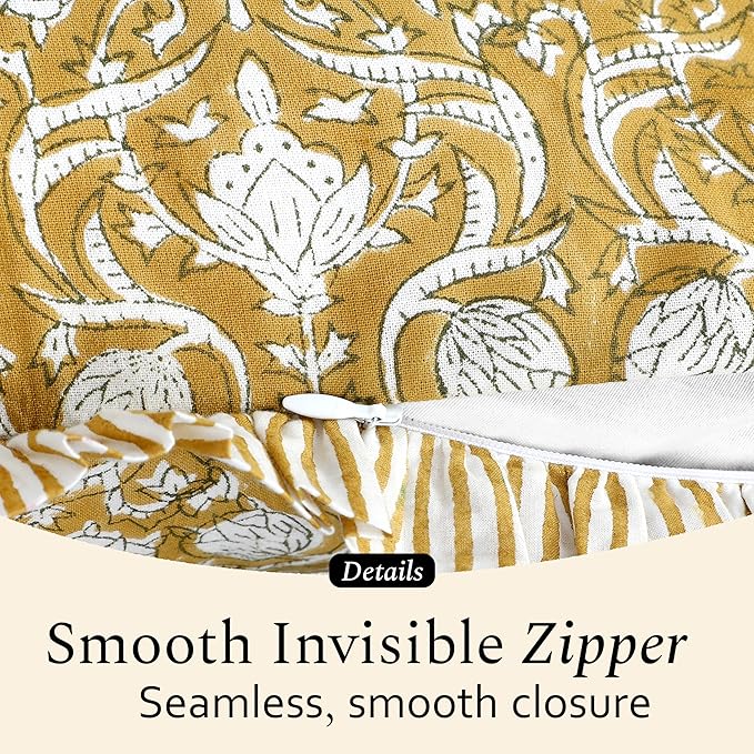 CPC Block Print Ruffle Throw Cover Mustard Regal 24"x24" Inch Pack of 2-100% Cotton Ruffle Couch Decorative Boho Pillows Case for Living Room, Bedroom, Sofa, Farmhouse Gift for Spring, Mother's Day