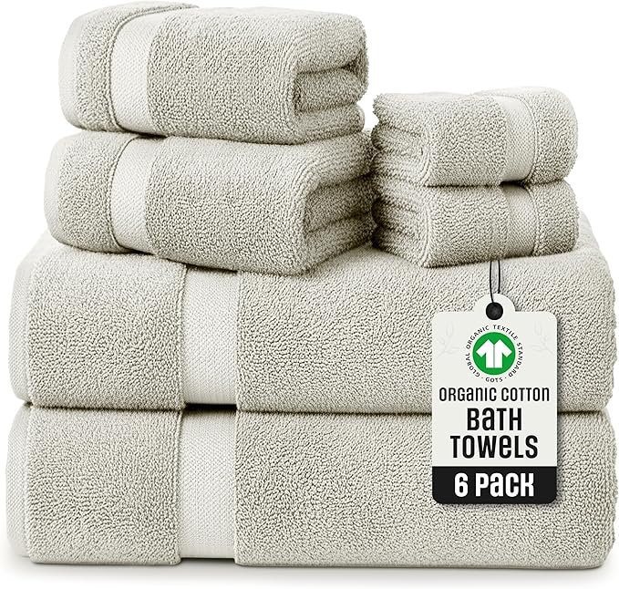 TOWELTIQUE- Organic Cotton Plush Bath Towels Pack of 6 GOTS & Oeko- TEX Certified | Premium Soft, Absorbent & Quick-Drying Towels for Bathroom, Gym, Spa & Hotel Use – Taupe