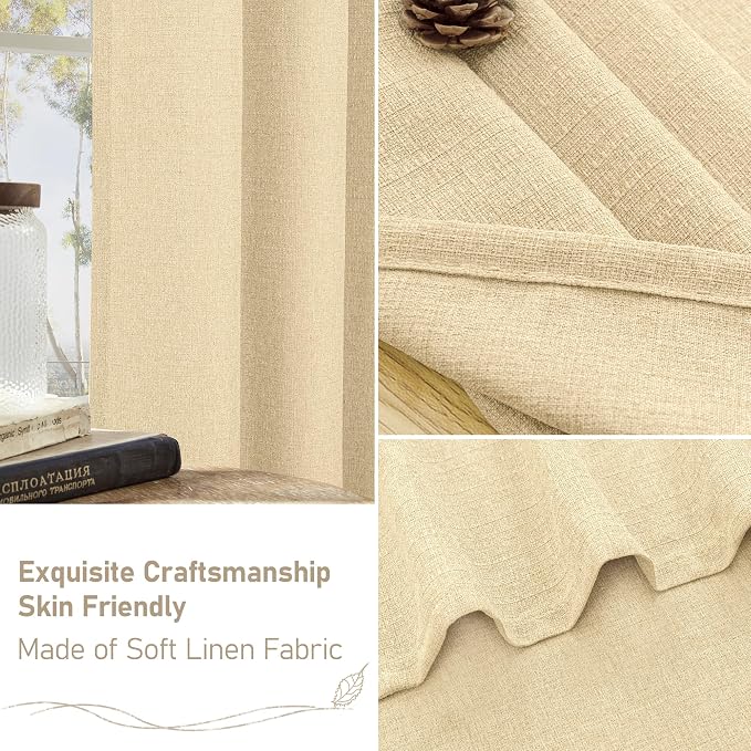 LAMIT Sand Linen Curtains 40 Inches Long for Kitchen Windows, Short Linen Textured Drapes Grommet Light Filtering Privacy Window Panels for Bathroom/Cafe/Small Windows, 2 Panels, 42 x 40 Inch