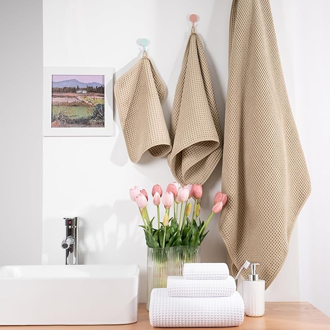 POLYTE 430 GSM Microfiber Quick Dry Lint Free Oversize Bath Towel Set, 6 Piece (Waffle Weave)