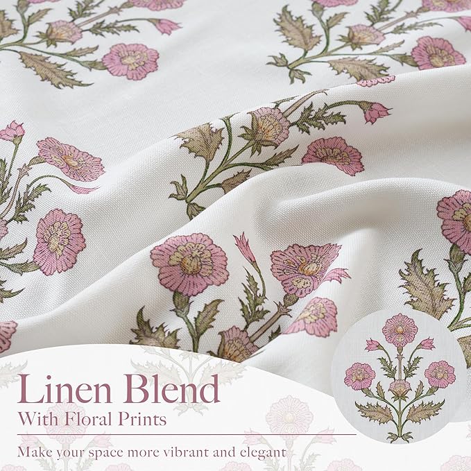 NICETOWN Floral Linen Curtains 84 inches Long Pink Pattern Printed for Girls Bedroom Nursery, Boho Farmhouse Window Sheer Curtain Drapes Aesthetic Light Filtering Privacy 2 Panel Sets, 55" W