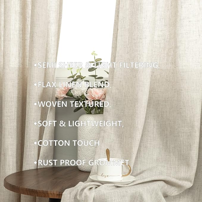 72 Inch Length Linen Curtains for Bedroom 2 Panel Set Natural Crude Tan Beige Flax Rustic Textured Light Filtering Semi Blackout Sheer Farmhouse Style Living Room Curtains for Windows