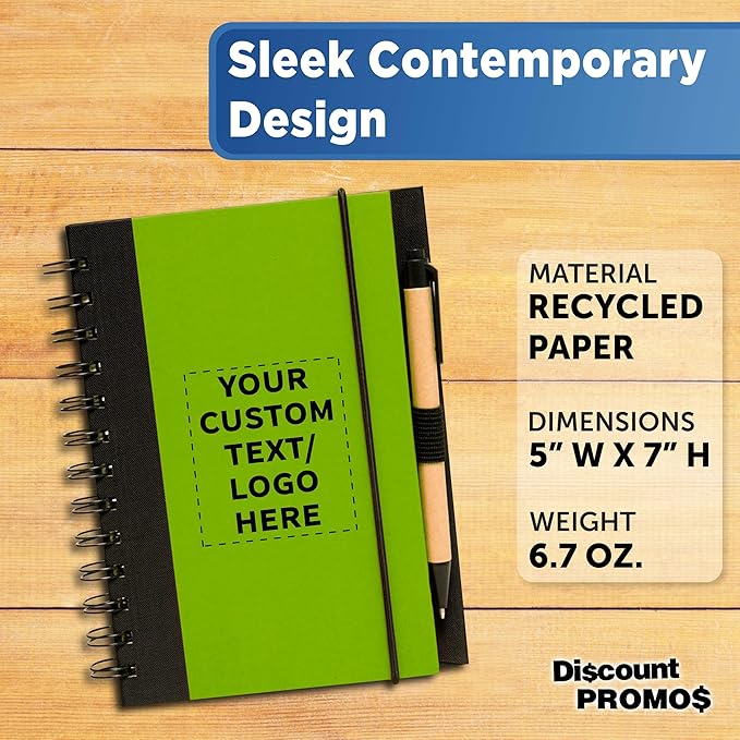 DISCOUNT PROMOS Custom Eco Block Notebooks with Pens Set of 10/50/100, Personalized Bulk Pack - Perfect for School, Office, Business, Home - Lime Green