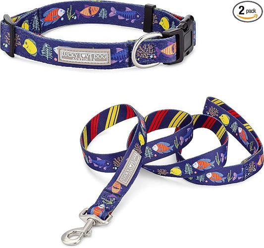 Lucky Love Dog - Easy Click Buckle Dog Collar with Leash Set Combo, Durable & Comfortable for Male & Female Dogs, Pet Collar for Medium Dogs, Secure Fit - Mackey Combo, Medium