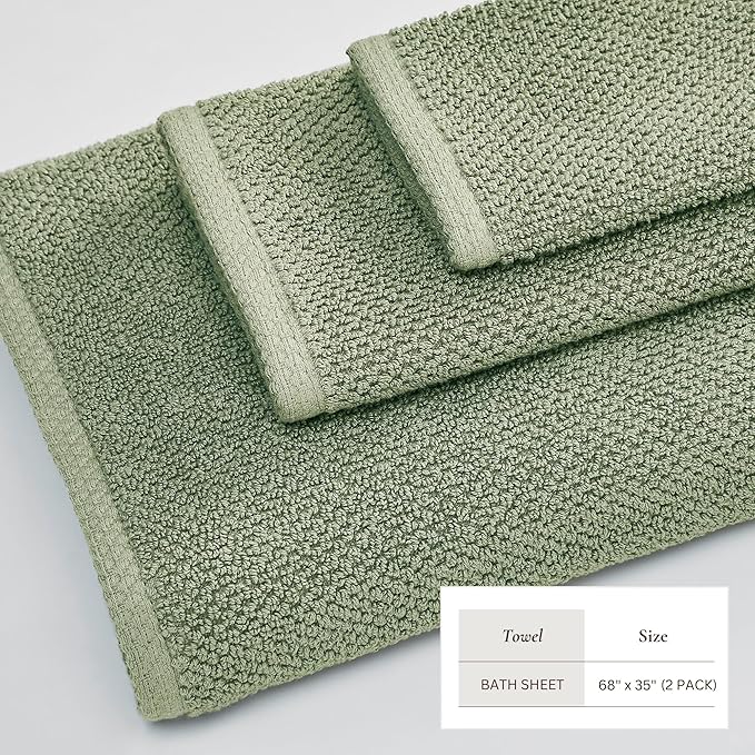 Great Bay Home 100% Cotton Oversized 2 Pack 68x35 Extra Large Towel Set - Absorbent, Quick-Drying, Durable Oversized Bath Sheets for Bathroom Décor (Eucalyptus)