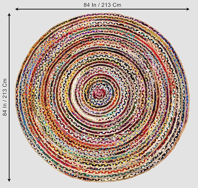 COTTON CRAFT Jute Cotton Chindi Braid Rag Rug - Boho Farmhouse Rustic - Handwoven Reversible Natural Jute and Recycled Cotton Throw Area Rug Carpet - Home Décor - 7 Feet Round - Multi Color