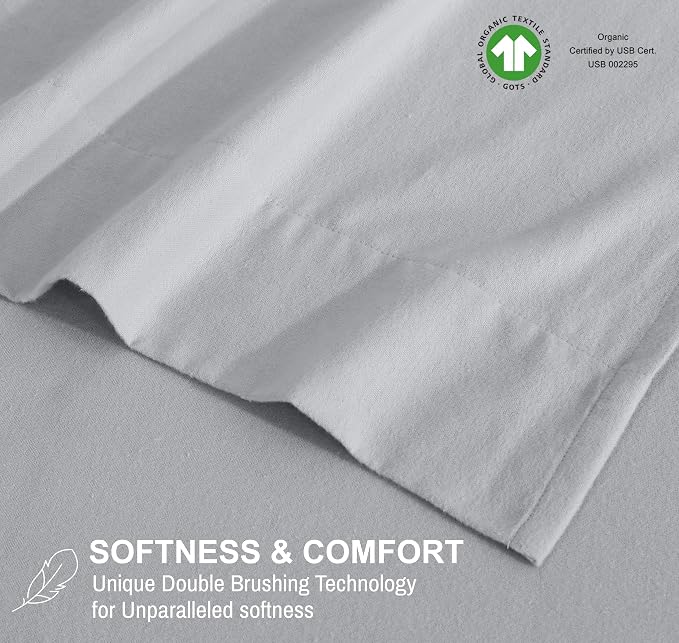 RUVANTI Flannel Sheets Full Size - GOTS Certified 100% Organic Cotton, 4 Piece Warm, Soft & Breathable Set, Deep Pocket Snug Fit, Double Brushed Cozy All Season Bedding, Light Grey