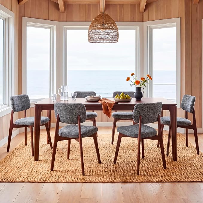 COLAMY Dining Chairs Set of 4, Modern Upholstered Kitchen Room Chairs with Solid Red Oak Wood Legs, 5-Min Easy Assembly Anti-Wobble, High-Weight Fabric Farmhouse Side Chair, 300lbsWalnut,Darkgrey