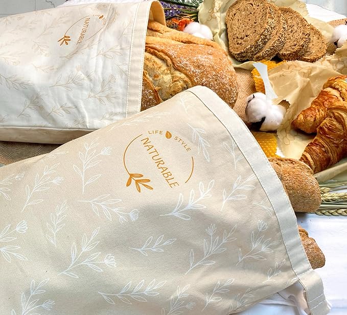 Beeswax Bread Bag for Homemade Bread & Beeswax Wrap Set, 2 XL Sourdough Bread Bags + 2 Beeswax Wraps for Food | Keep Bread Fresh, Breathable, Reusable & Less Waste Storage for Home Bakers (Beige) | Sourdough Bread Bags