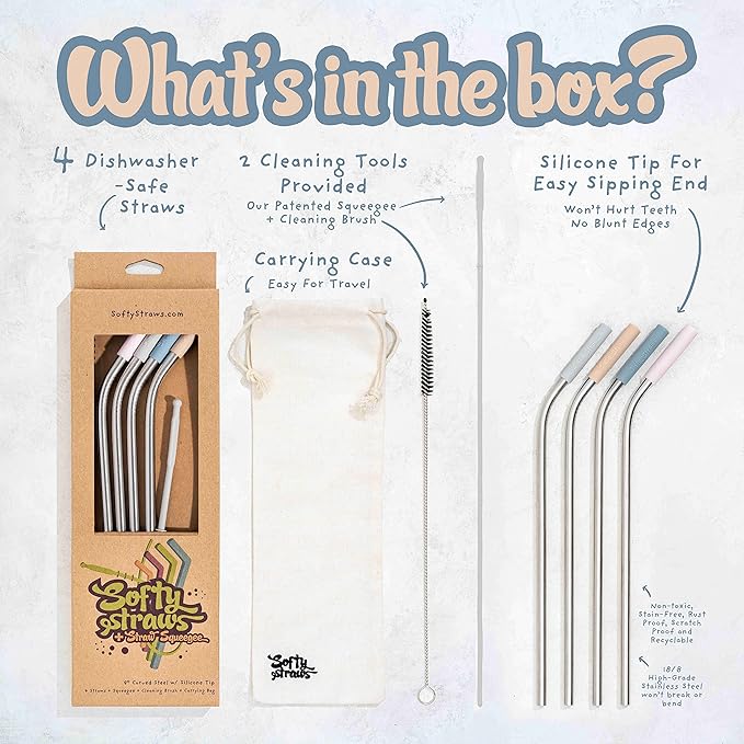 Softy Straws Premium Reusable Stainless Steel Drinking Straws With Silicone Tips + Patented Straw Cleaners and Carrying Case - 9” Long Metal With Curved Bend for 20/30/32oz Tumblers - Natural Colors