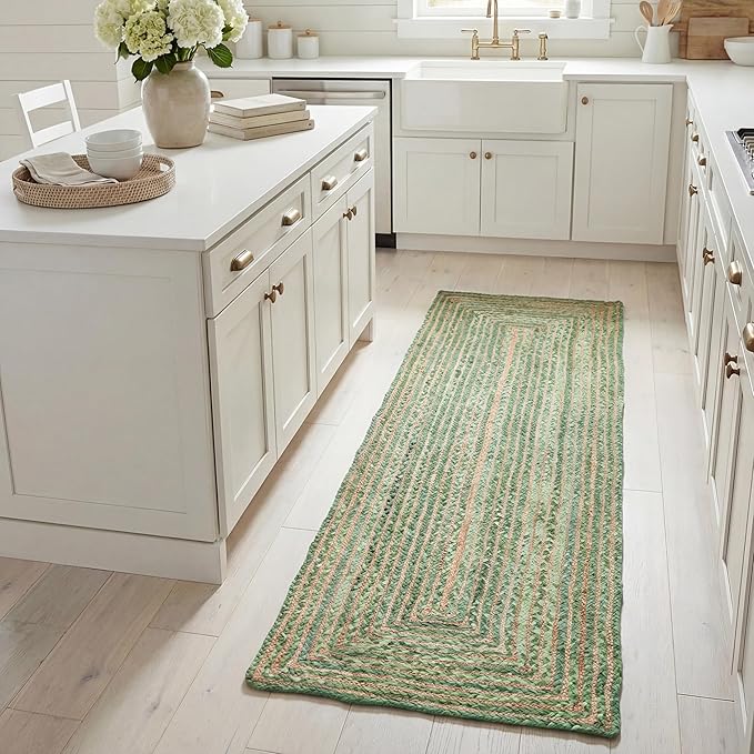 SAFAVIEH Cape Cod Collection Runner Rug - 2'3" x 16', Green & Natural Brown, Handmade Jute & Cotton, Woven Braided Design (CAP202Y)