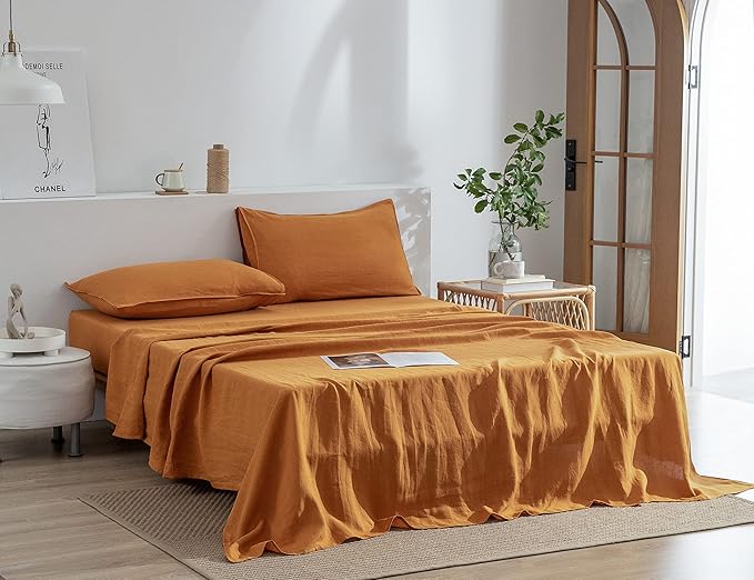 EVERLY Linen Sheets Set King Size, 100% French Stonewash Pure Linen, 4 Pieces (1 Flat Sheet, 1 Fitted Sheet, 2 Pillowcases), Deep Pocket, Natural Bedding Set - Caramel