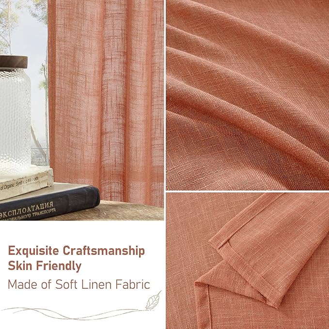 LAMIT 30 Inch Linen Kitchen Curtains, Semi Sheer Light Filtering Window Panels Back Tab and Rod Pocket Drapes for Basement/Small Windows, Terracotta, 25 x 30 Inch, 2 Panels