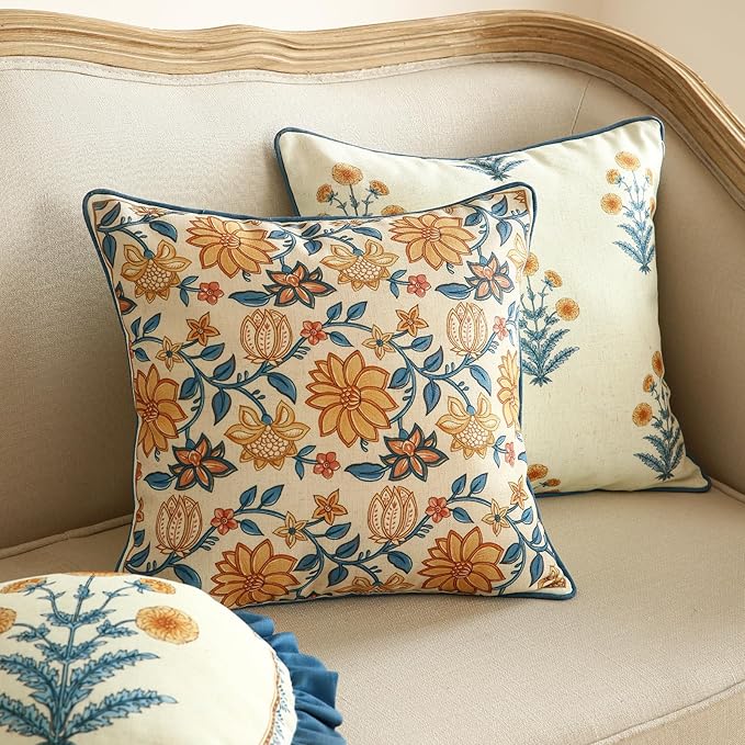 ISAENNE Design Square Simple Elegant Linen Throw Pillow Covers 18"x18" Pack of 2, Blue Yellow Floral Pattern Cushion Covers Decor Pillowcases for Bed,Living Room,Outdoor,Car