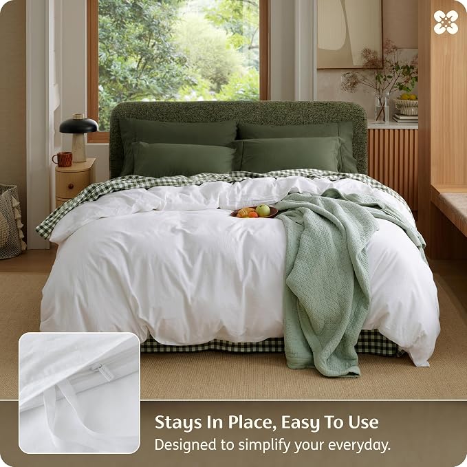 Bedsure Duvet Cover King Size - 100% Washed Cotton, Linen-Like Minimalist Bedding - PureWoven Plain Soft Comforter Cover for All Seasons, 1 Duvet Cover Only (Bright White, 104" x 90")