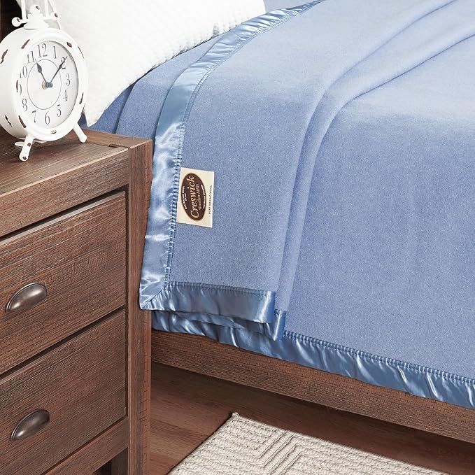 Creswick Woollen Mills 100% Australian Merino Wool Blanket – Soft Warm and Natural with Satin Binding, Breathable Luxury Bedding for All Seasons, (French Blue, King Size)