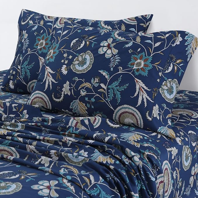 AZORES HOME Full Organic Cotton Sateen Sheet Set - Deep Pocket, 300 Thread Count, 4-Piece Luxury Bedding, Ingrid Blue