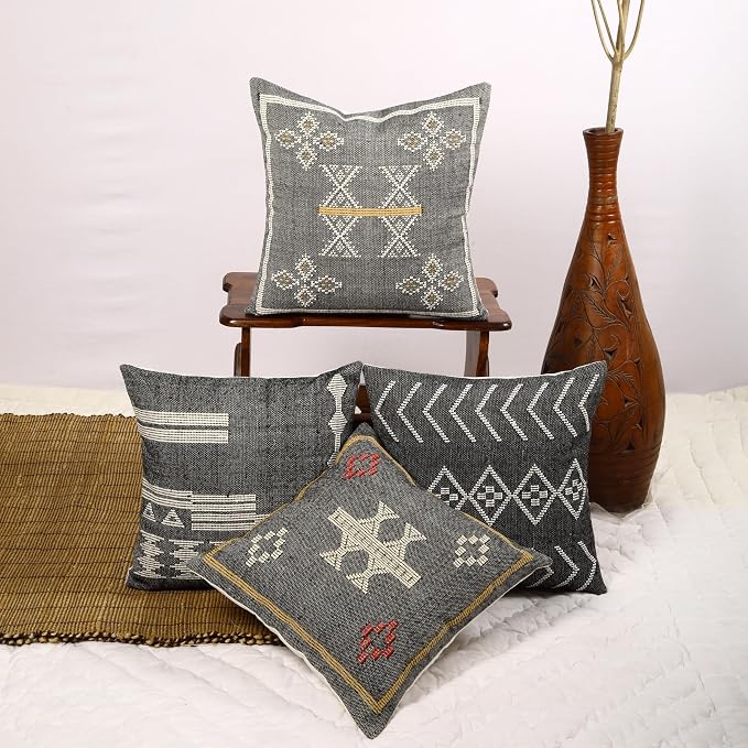 Trade Star 100% Cotton Pillow Cover Handwoven Pillowcase Premium Cushion Cover Throw Pillow Authentic Farmhouse Designer Cushion Case Set of 4 Handloomed Pillow Cases (Sabra 3)