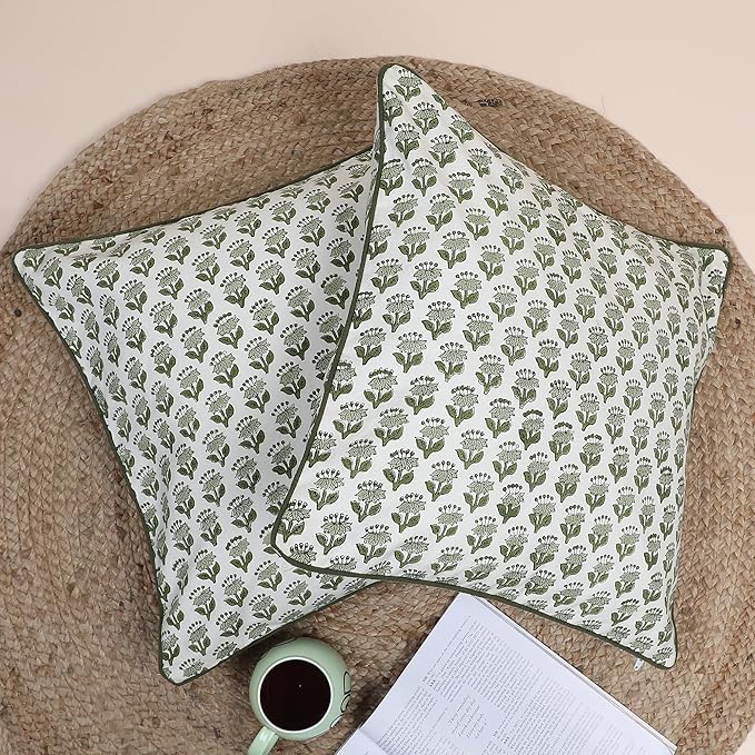 SheetKart Pure Cotton Throw Pillow Covers - Set of 2 - Hand Block Pure Cotton Printed Boho Decorative Pillow Covers - Cushion Covers for Living Room, Bohemian Theme, 16 x 16 Inches, Olive Petal
