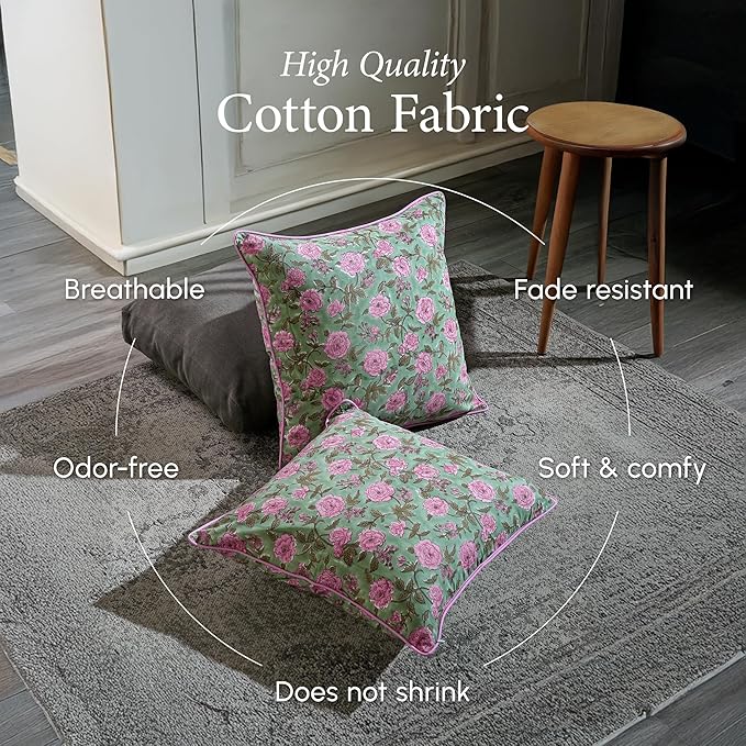 CPC 100% Cotton Throw Pillow Covers 24x24 Inch, Set of 2 Pink Block Print Pattern Couch Pillow, Cute Boho Decorative Pillows for Living Room, Bedroom with Hidden Zipper- Pink Tourmaline
