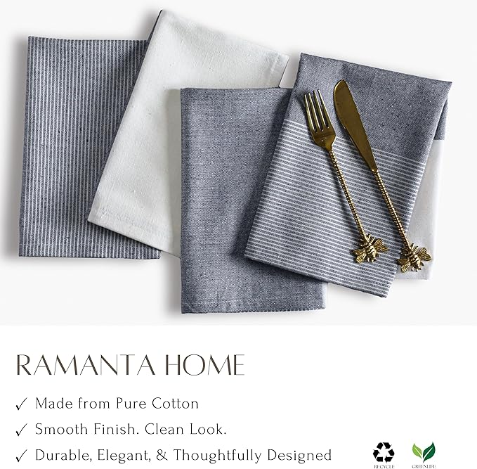 Ramanta Home Cloth Napkins Set of 12 - Denim Blue, 18x18 Inches - Spring Basket Decor Block Striped Dinner Napkins for Easter Farmhouse Wedding, Washable Soft Cotton Durable Table Linen -Everyday Use