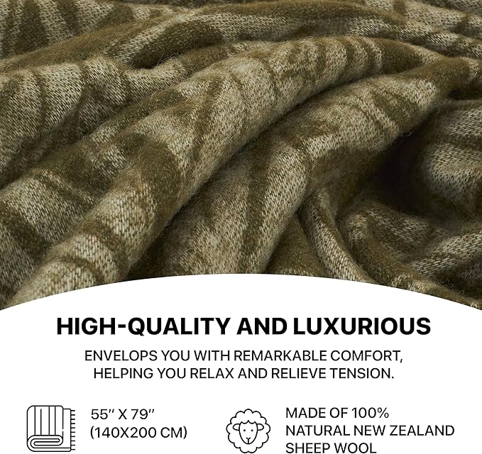 | Wool Blanket/Throw | 100% New Zealand Wool | Perfect for Home and Outdoors | Virgin Wool Blanket with Fringes 55"x79" (140 x 200 cm) (Olive Leaves)